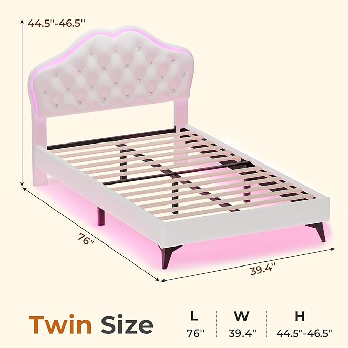 ADORNEVE Twin Bed Frame with RGB LED Lights, Princess Bed Frame with Adjustable Crystal Button Headboard, Velvet Upholstered Platform Bed for Girls, Solid Wooden Slats, Easy Assembly, Creamy White
