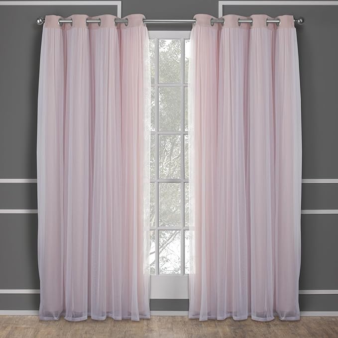 TOWN & COUNTRY LUXE Talia Double Layer Indoor Curtains, Sheer and Room Darkening Blackout, Grommet Top, Energy Efficient, 2-Pack Set, 52"x84", Rose Blush
