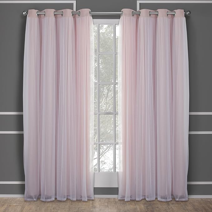 TOWN & COUNTRY LUXE Talia Double Layer Indoor Curtains, Sheer and Room Darkening Blackout, Grommet Top, Energy Efficient, 2-Pack Set, 52"x96", Rose Blush