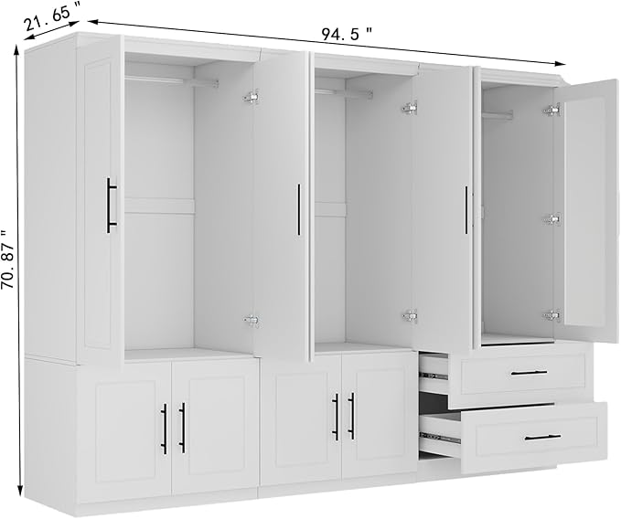 Armoire Wardrobe Closet with Glass Door: White 6 Door Wood Wardrobe Closet Combination Wooden Bedroom Armoire 2 Drawer with Hanging Rods for Home/Bedroom/Living Room