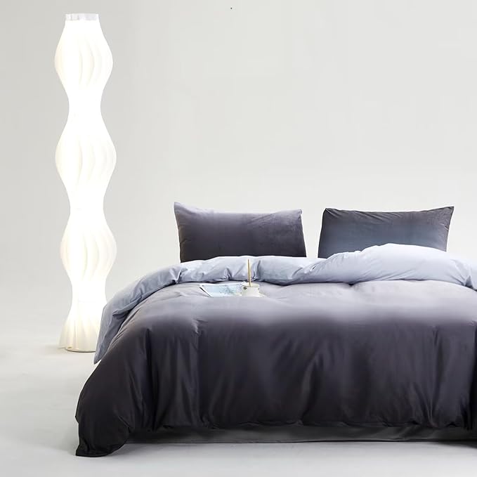 Houseri Velvet Duvet Cover Twin Fluffy Dark Grey Sherpa Bedding Duvet Cover Sets Extra Soft Comfy Flannel Fuzzy Light Grey Ombre Duvet Covers Twin Size