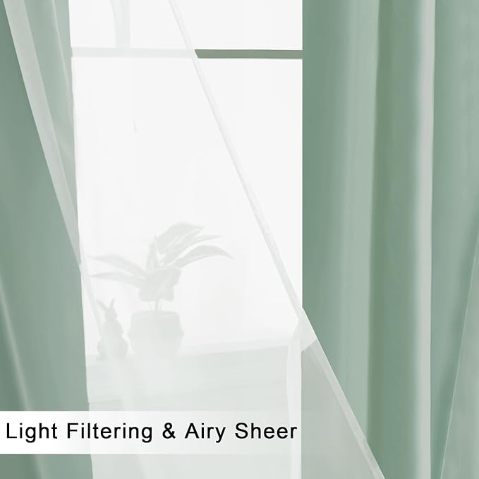 Hiasan Light Sage Green Blackout Curtains for Bedroom, Mix & Match Double Layer Thermal Insulated Privacy Grommet Window Curtains for Living Room,2 Drape Panels with Tiebacks,52W X 96L