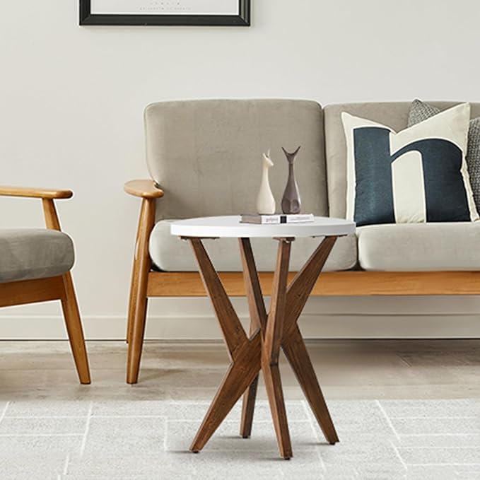 Farmhouse Round End Table Set of 2 with MDF Top and Crossed Legs, Boho Small Side Table for Living Room, Balcony, Small Spaces, Easy Assembly Bedside Table