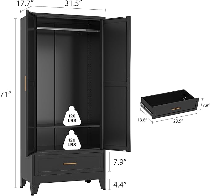 Metal Wardrobe Closet Cabinet with Drawers,71" H Large Bedroom Armoires with Shelves and Hanging Rod,Wardrobe Storage Cabinet with 2 Doors, 1 Adjustable Shelf and Drawers (1Drawer, Black)