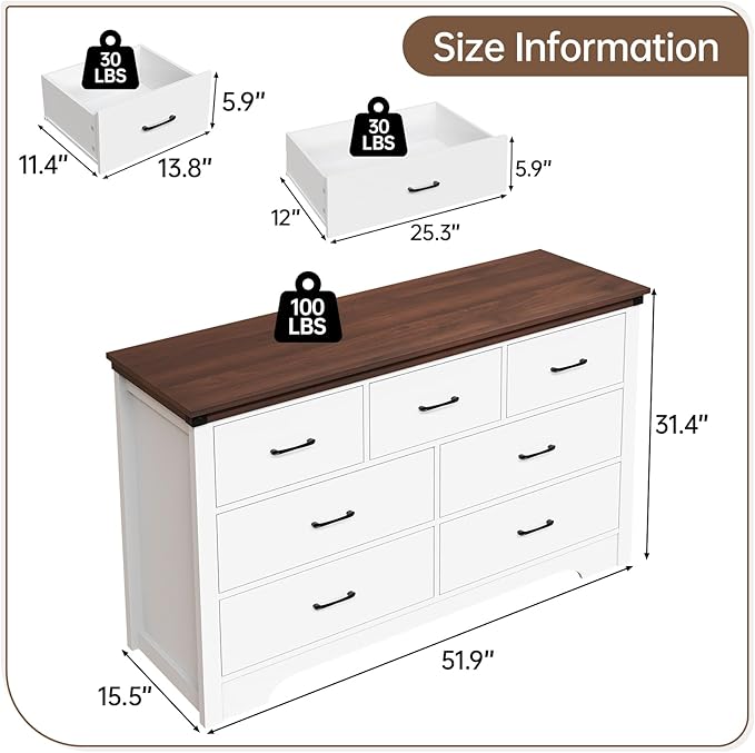 Farmhouse 7 Drawer Dresser for Bedroom, 51" Wide Chest of Drawers, Wooden Dresser TV Stand, Storage Dressers Organizer for Bedroom, Living Room, Hallway