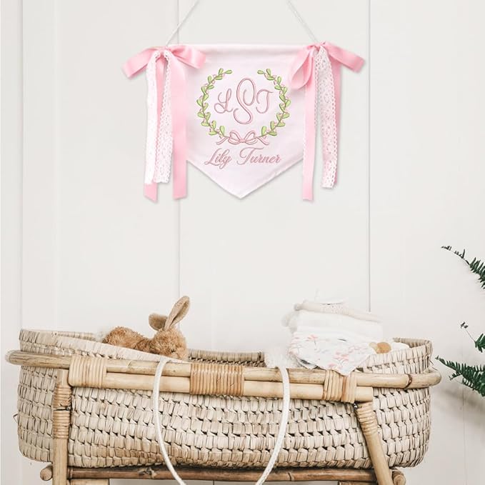 Embroidered Baby Name Sign with Bows Personalized Baby Announcement Sign Newborn Baby Banner Baby Hospital Name Sign Canvas Hanging Pennant Flag Custom Infant Baby Name Baby Shower Banner (01)