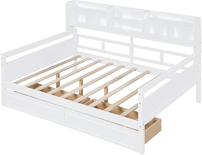 Harper & Bright Designs Full Daybed with Storage, Wooden Full Size Bed Frame with Bookcase Headboard and 2 Drawers, Full Sofa Bed with Shelves for Living Room Bedroom, No Box Spring Need, White