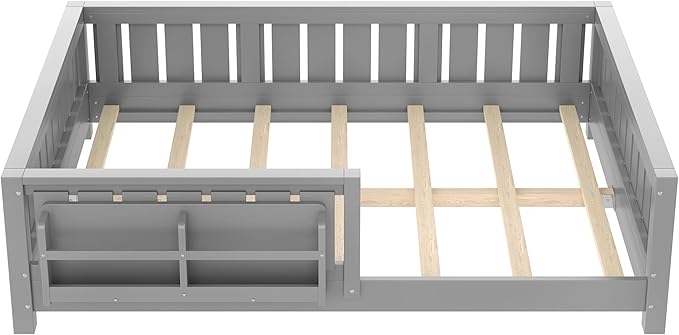 Bellemave Full Size Floor Bed with Slats and Safety Guardrail, Full Size Montessori Floor Bed with Fence and Built-in Bookshelf, Easy Assemble Montessori Beds for Kids, Girls, Boys, Gray