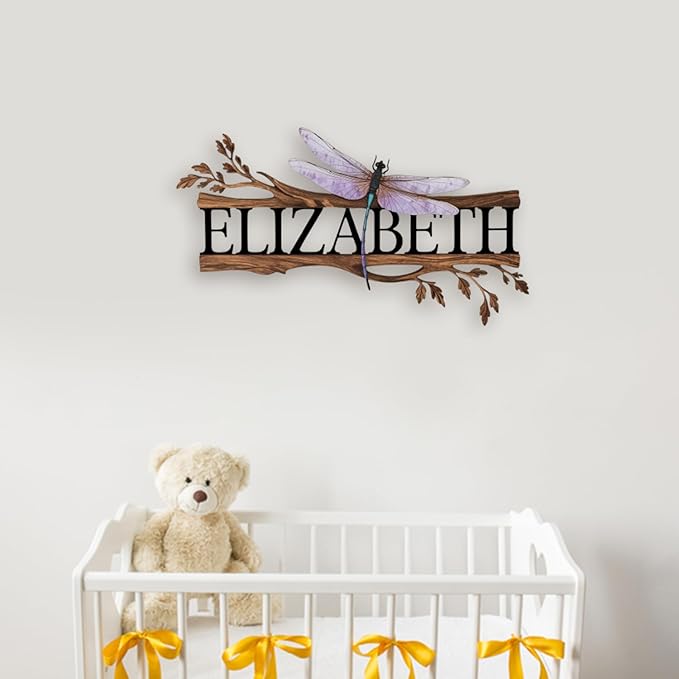 Personalized Nursery Sign, Animals Wooden Sign with Name, Hello World Newborn Sign, Dragonfly Sign for Kid Room Decor, Baby Gifts for Girl, Custom Baby Name Sign, Baby Girls Wall Art Bedroom