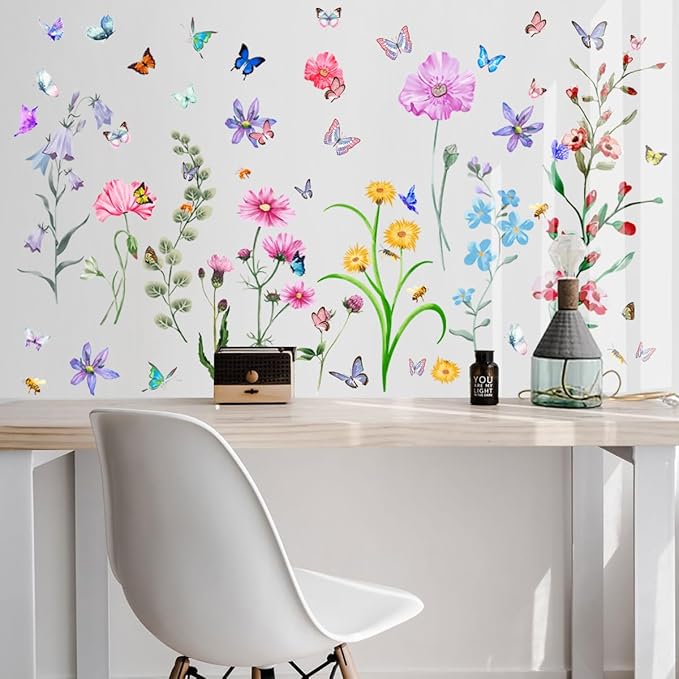 6 Pieces Flowers Wall Decals Vinyl Floral Wall Stickers Removable Floral Murals Peel and Stick Colorful Flower Decor for Girls Bedroom Living Room Nursery (Colorful)