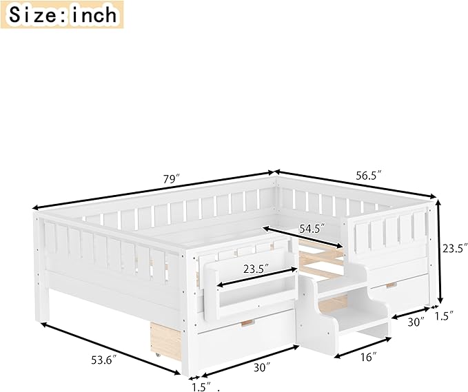 Bellemave Full Size Bed with Slats and Stairs, Full Size Platform Bed Frame with Fence, Bookshelf and Storage Drawers, Easy Assemble Beds for Kids, Girls, Boys, White