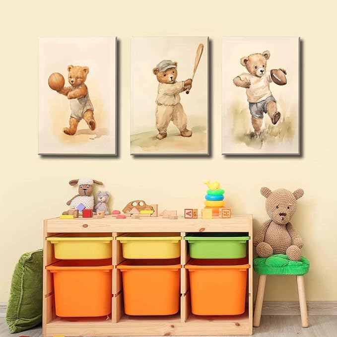 3Pcs Teddy Bear Sports Nursery Animal Canvas Wall Art Cute Woodland Baby Bear Rugby Wall Decor Pictures Football Basketball Baseball Kids Room Posters Prints for living Children Bedroom Decoration