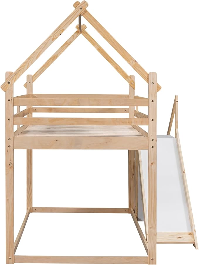 Flieks Twin Over Twin House Loft or Bunk Bed Frame for Boys Girls Kids Adults Toddler with Slide and Staircase, Natural