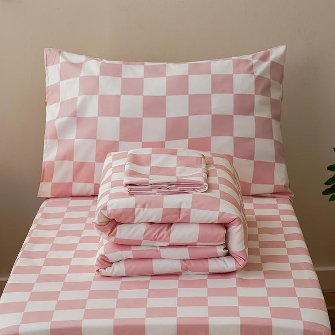 KAREVER Grid Toddler Bedding Set Pink White Checkered 4 Pieces Crib Bed Set Kids Pliad Comforter Set