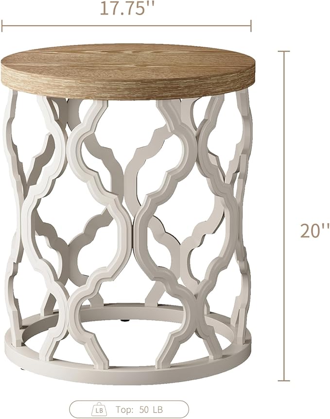 karlott Farmhouse End Table, 18.5'' French Country Round Side Table, Distressed Top Side Table with Curved Motif Frame Base for Boho, End Tables Living Room, Bedroom, Small Space, Easy Assembly