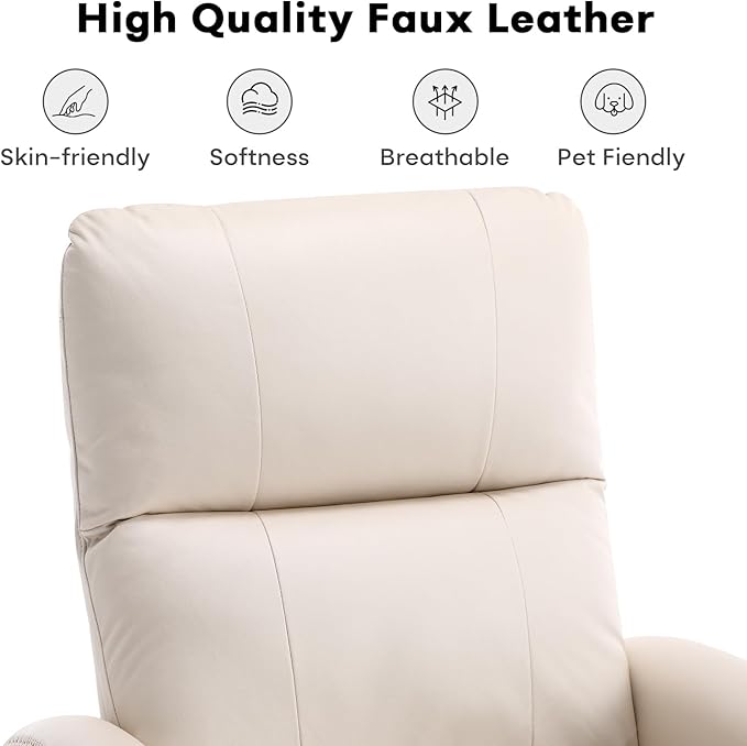 Swivel Rocker Recliner Chair, Manual Faux Leather Glider Rocking Recliners for Adults, 360° Swivel Nursery Reclining Sofa with Padded Backrest for Living Room, White
