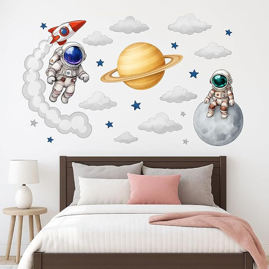 Astronaut Wall Decal for Kids Room – Space Theme Nursery Wall Art with Rocket, Clouds and Stars – Outer Space Decor for Boys and Girls Bedroom or Playroom – Removable Vinyl Wall Sticker