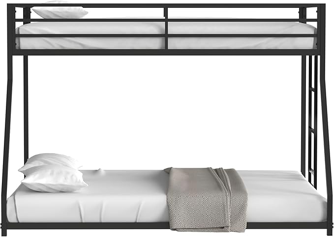 Twin Over Full Bunk Bed for Adults with Stairs Flat Rungs, Metal Bunk Beds Twin Over Full Size for Teens Dorm Bedroom Guest Room,Heavy Duty Bunk Beds with Ladder and Guardrail