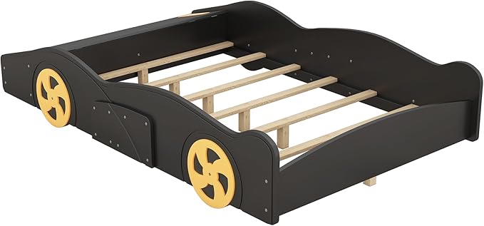Full Size Car Bed with Storage, Race Car Shaped Bed with Wheels, Wood Car Floor Bed Frame for Teens, Wooden Slats Support, Easy Assembly, Black and Yellow