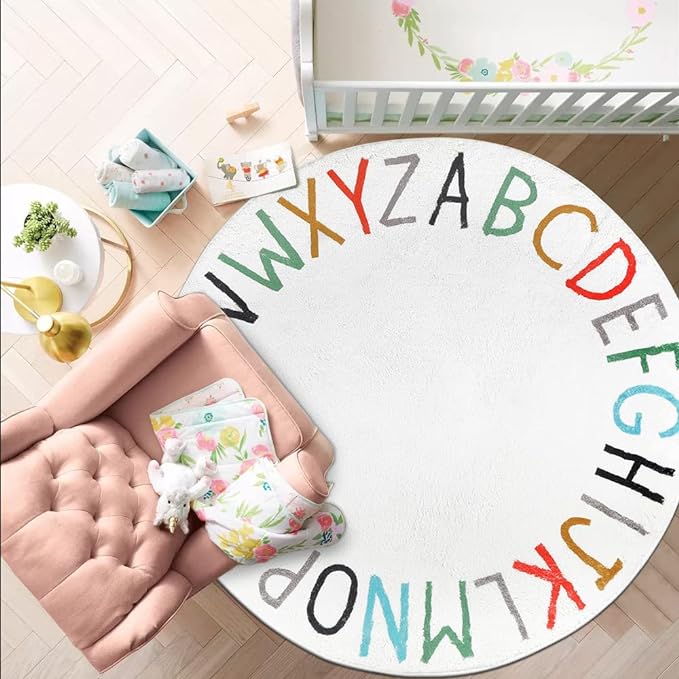 Topotdor Rainbow Round Kids Play Rug Alphabet Nursery Area Rug Extra Large Soft Crawling Play Mat for Children Toddlers Bedroom (47 inch, Multi Color)