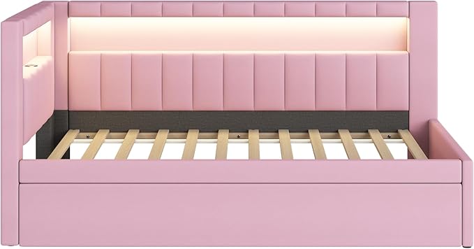 Twin Size Soft Daybed with Trundle, Storage Shelves and LED Belt, Linen Upholstered Corner Bed with L-Shaped Bookshelf Headboard and USB Charger for Kids Boys Girls, Pink