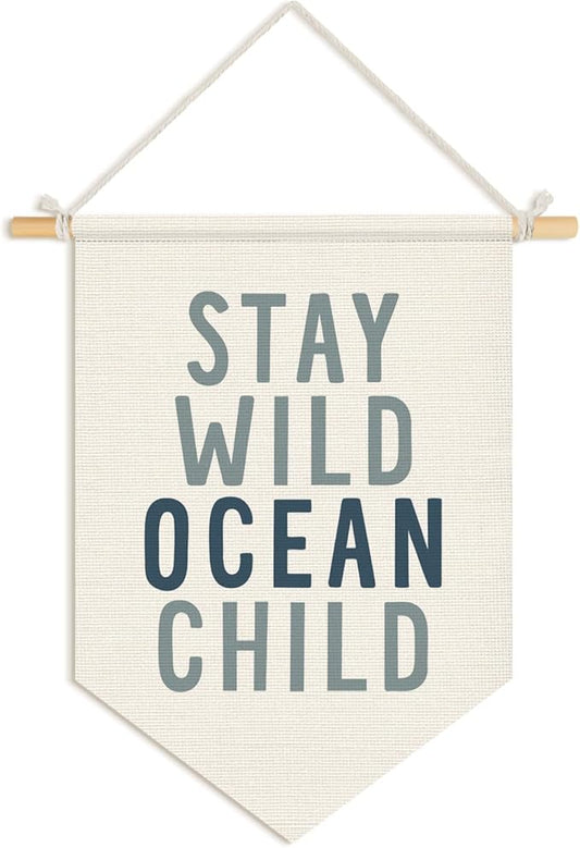 Wheatwin Ocean Nursery Decor, Stay Wild Ocean Child Wall Hanging Pennant Flag Banner, Coastal Beach Wall Decor for Kids Boys Girls Toddler Nursery Room Bedroom Playroom 15x11 Inch