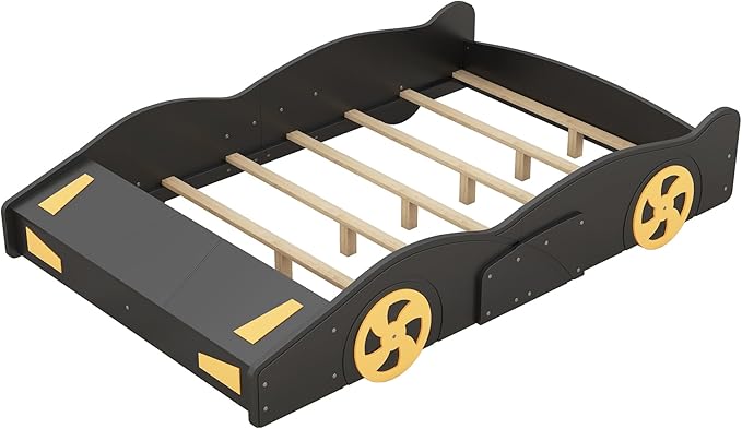 Full Size Car Bed with Storage, Race Car Shaped Bed with Wheels, Wood Car Floor Bed Frame for Teens, Wooden Slats Support, Easy Assembly, Black and Yellow