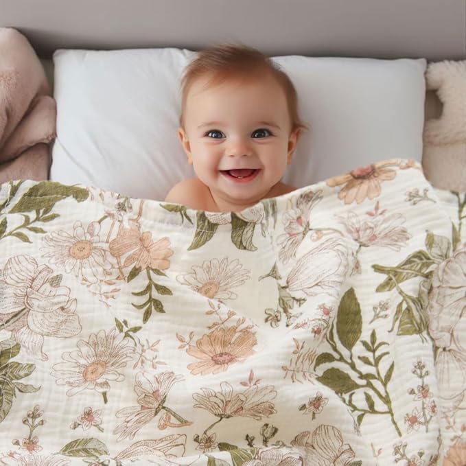 Little Jump 2-Pack Cotton Muslin Swaddle Blankets for Baby Boys Girls Unisex - Boho Floral Baby Blanket Nursery Swaddling Blankets- Large 47 x 47 inches Receiving Blanket Neutral (Vintage Blossom)