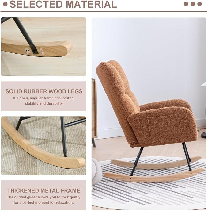 Nursery Rocking Chair Teddy Upholstered Glider Rocker Rocker Accent Chair with High Backrest Armchair Comfy Side Pocket Modern Rocking Accent Chairs for Living Room, Nursery, Office-Brown