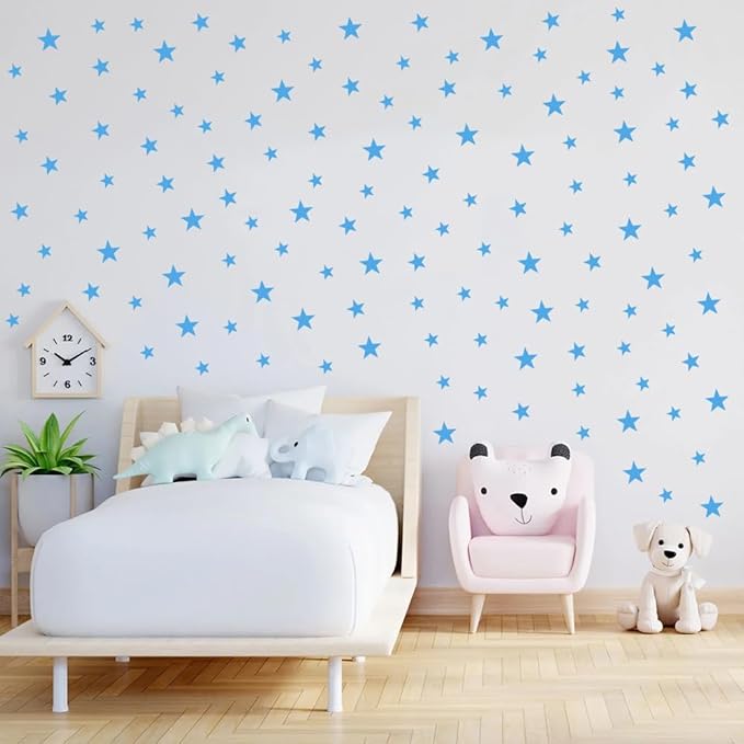 Baby Blue Star Stickers for Boys and Girls Nursery, Wall Decals for Kids Room (Light Blue, Mix Star 112Pcs)