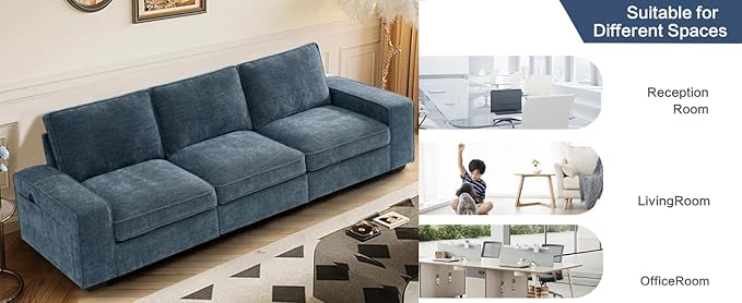 TEKAMON 73" Modular Sofa Couch with Seat Storage, Comfy 2-Seater Chenille Fabric Loveseat Sofa for Living Room, Office, Apartment W/Deep Seat, Wide Armrest,Pockets, USB Charging Removable Cover(Blue)