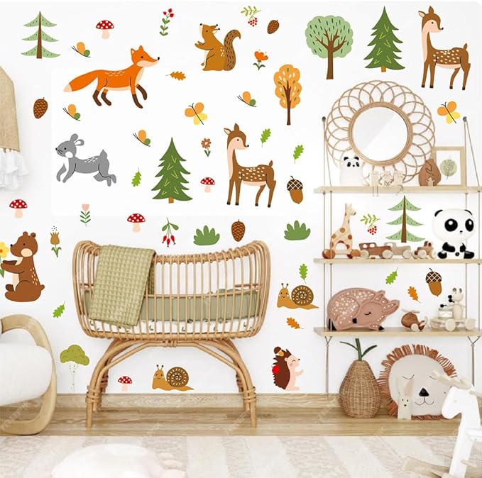 Woodland Forest Animals Wall Stickers – 80 Pcs Cute Deer, Fox, Bear & Tree Vinyl Decals, Removable Waterproof Nursery Wall Art Decor | A Simple Peel Creates a Cozy Nature Retreat (6 Sheets)