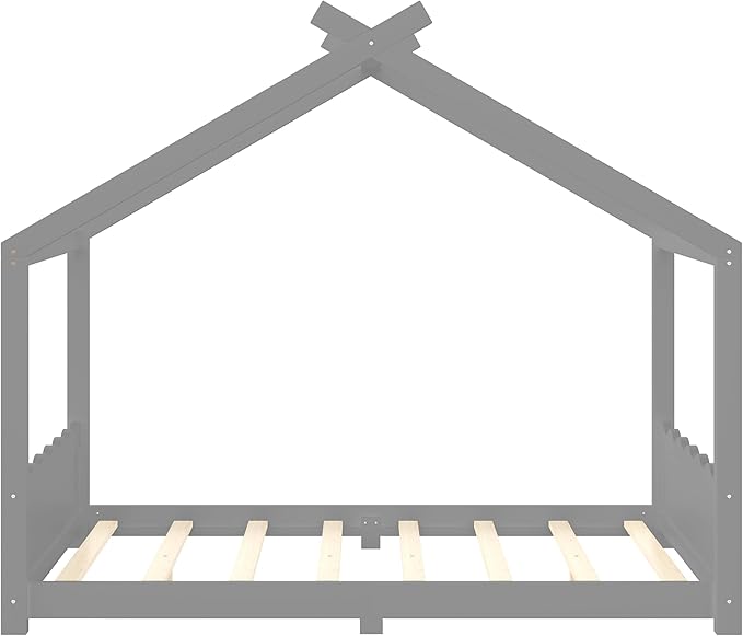 Full Size Wooden House Floor Bed - Kids Bed Frame with Roof & Support Slats for Bedroom, No Box Spring Needed, Easy Assembly (Grey)
