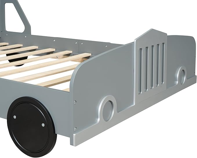 Full Size Car-Shaped Platform Bed with Wheels, Solid Wood Car Bed Frame with Strong Slatted Support for Kids Teens Boys Girls Bedroom, Fun Play Design Kids Floor Bed (Gray-WL55)