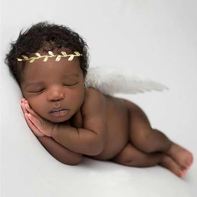 2PCS White Angel Wings With Gold Leaf Headband For Newborn Infant Photography Props Soft Feather Wings For Kids Photo Outfits Baby Girls Costume(Color H, One Size)