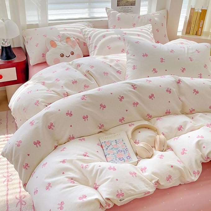 Nayoroom Pink Bow Comforter Set Queen Size Heart Bowknot Printed Coquette Bedding Set 3 Pcs Kids Girls Cute Comforter for All Seasons (1 Comforter, 2 Pillow Shams)