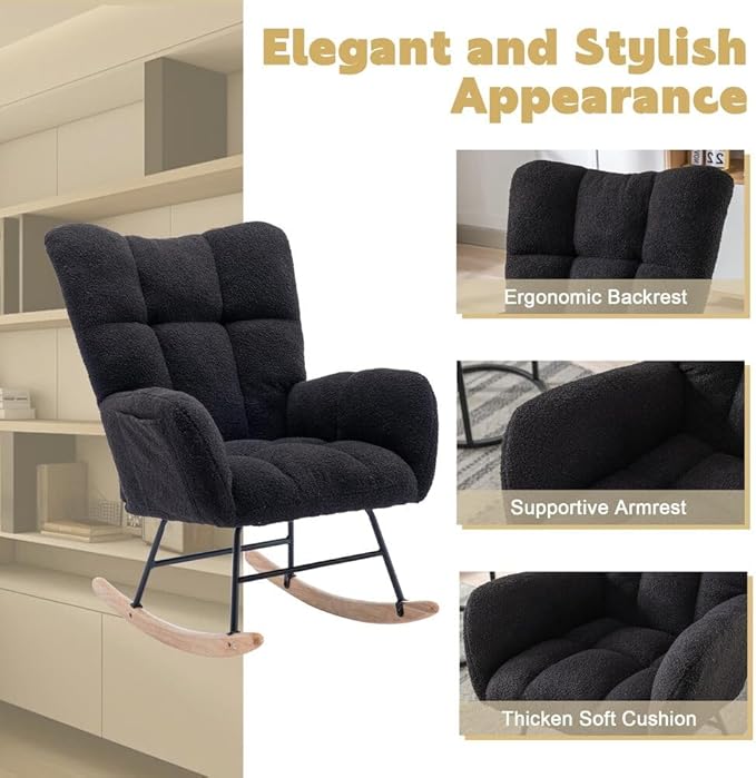 Nursery Rocking Chair Teddy Upholstered Glider Rocker Rocking Accent Chair with High Backrest Armchair Comfy Side Chair for Living Room, Bedroom, Offices (Black)