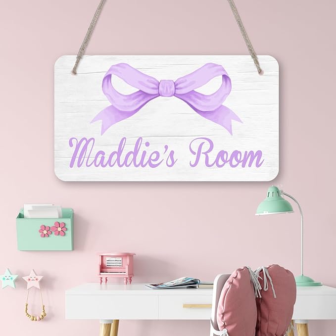 Personalized Purple Bow Kids Room Door Sign Custom Name Girls Boys Bedroom Decor Toddler Baby Nursery Wood Art Wall Plaque 12x6 Inches