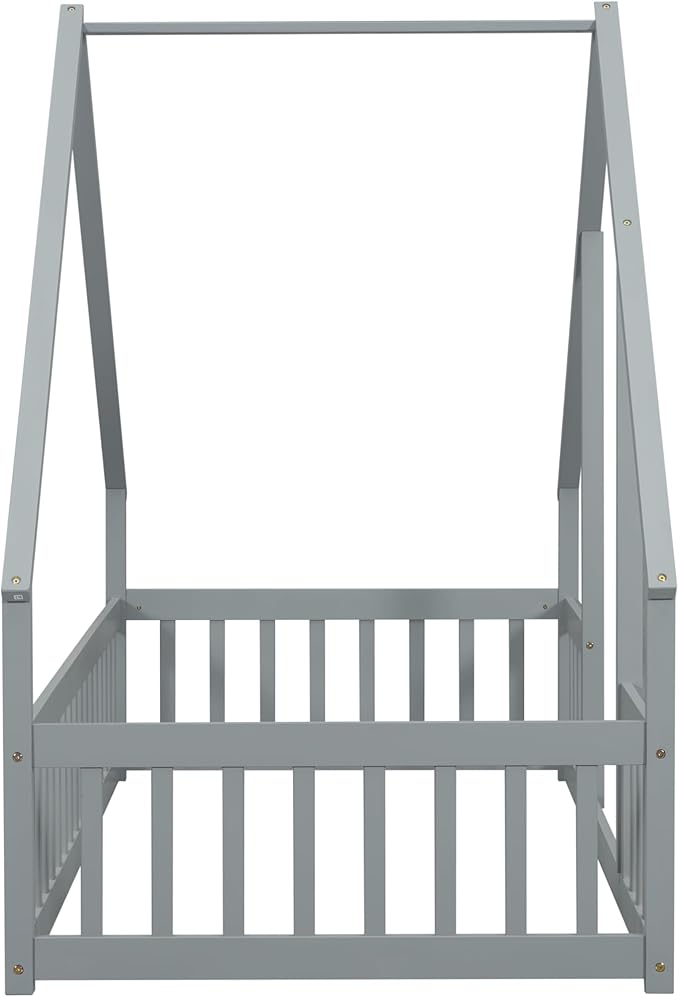Bellemave Twin Floor Bed for Kids, Girls, Boys, Wood House Bed Frame, House Floor Bed, Twin Size Montessori Floor Bed with Fence, Playhouse, Gray