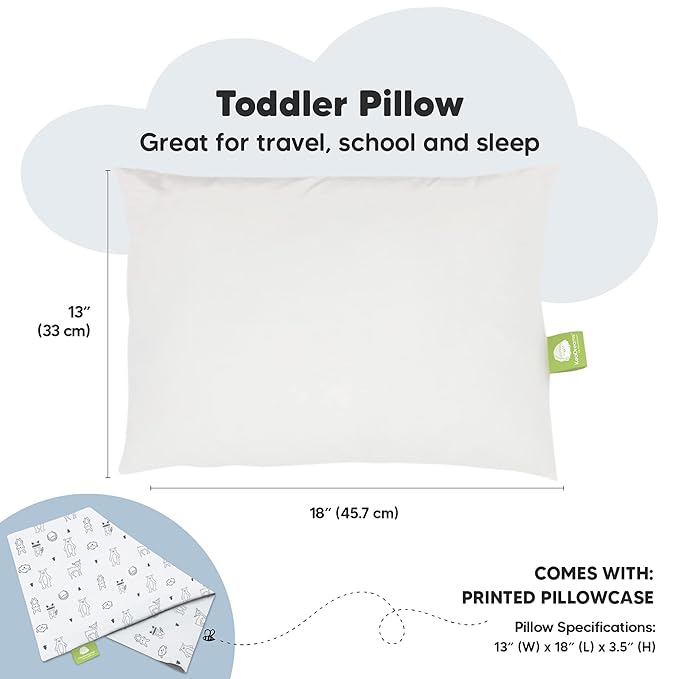 Toddler Pillow with Pillowcase - 13x18 My Little Dreamy Kids Travel Bed Pillows for Sleeping, Organic Cotton Small Pillowcase, Soft & Breathable, Machine Washable, Toddlers 2-5 years old (KeaFriends)