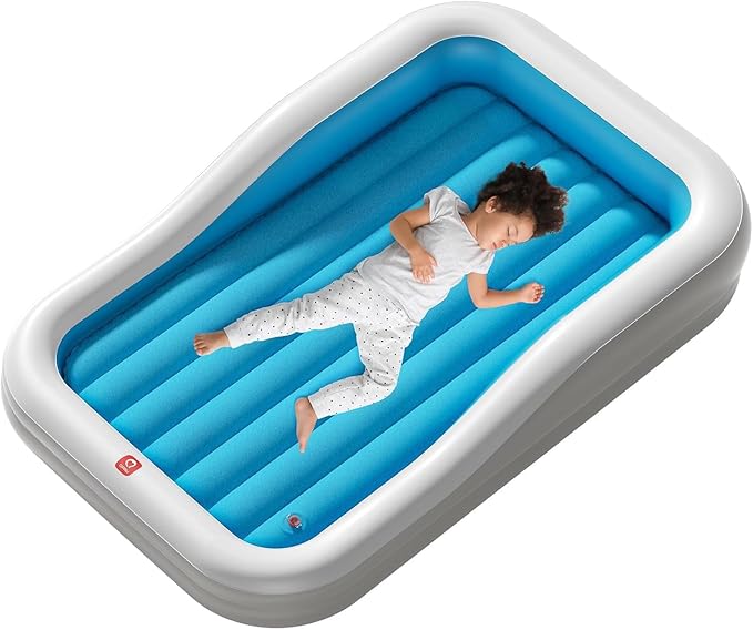 QPAU Inflatable Toddler Travel Bed with 3-Sided Safety Bumpers, Extra Large Kids Air Mattress, Includes Detachable Mattress, Portable for Camping, Travel, Home Use (Blue)