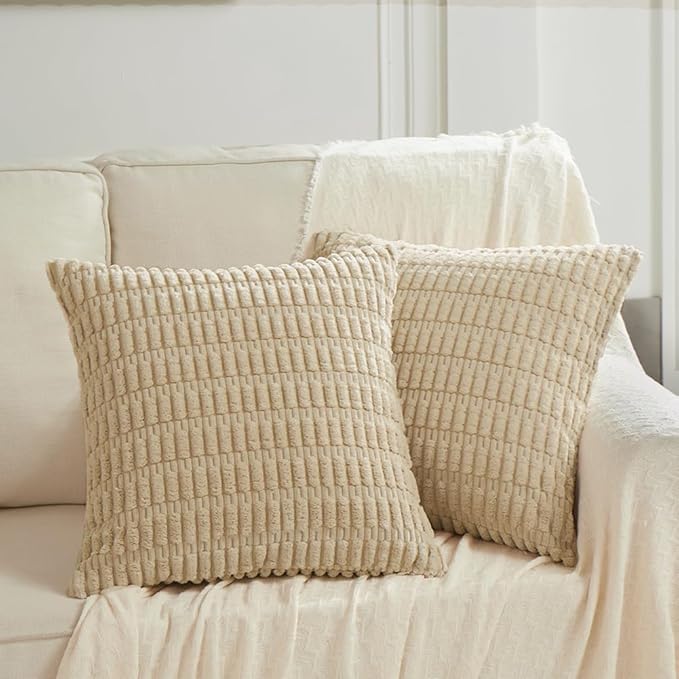 Fancy Homi 2 Packs Tan Decorative Throw Pillow Covers 26x26 Inch for Living Room Couch Bed Sofa, Rustic Farmhouse Boho Home Decor, Soft Striped Corduroy Beige Square Cushion Case 66x66 cm