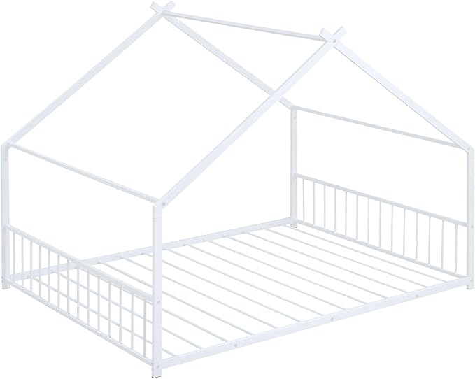 Full Size House Shaped Montessori Platform Beds, Wood Floor Bed Frame with Roof and Fence Deisgn, Kids Double Toddler Bed for Children Boys Girls, Easy Assemble, No Box Spring Needed, White