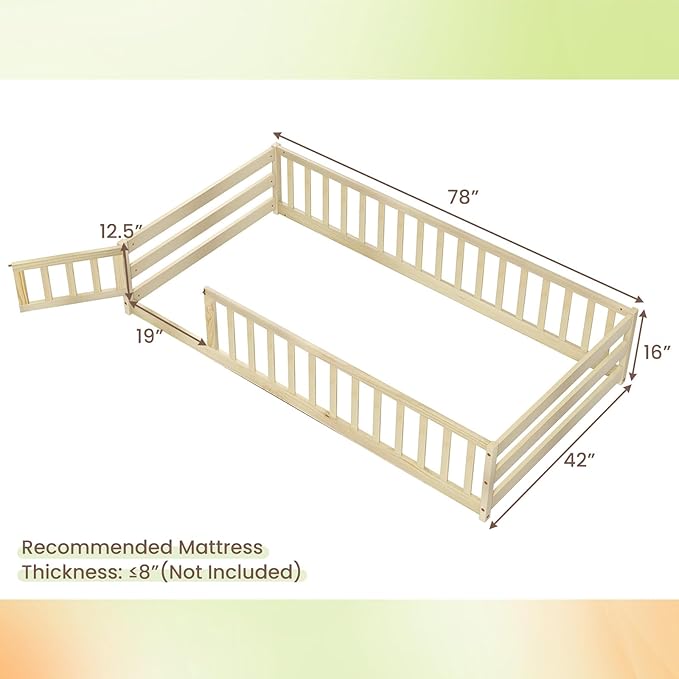 Giantex Twin Floor Bed with Door & Fence, Kids Wood Montessori Beds with Safety Guardrails, Floor Bed Twin for Kids, Boys, Girls, No Box Spring Needed, Natural