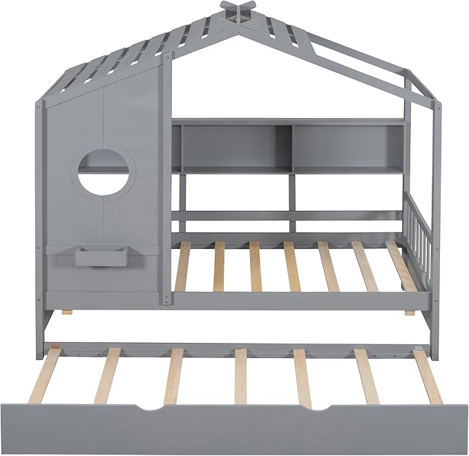 Twin Size House Bed with Trundle for Kids,Twin Kids Bed Frame with Storage Shelves,Wood House Bed Frame for Girls,Boys,Can be Decorated,Gray