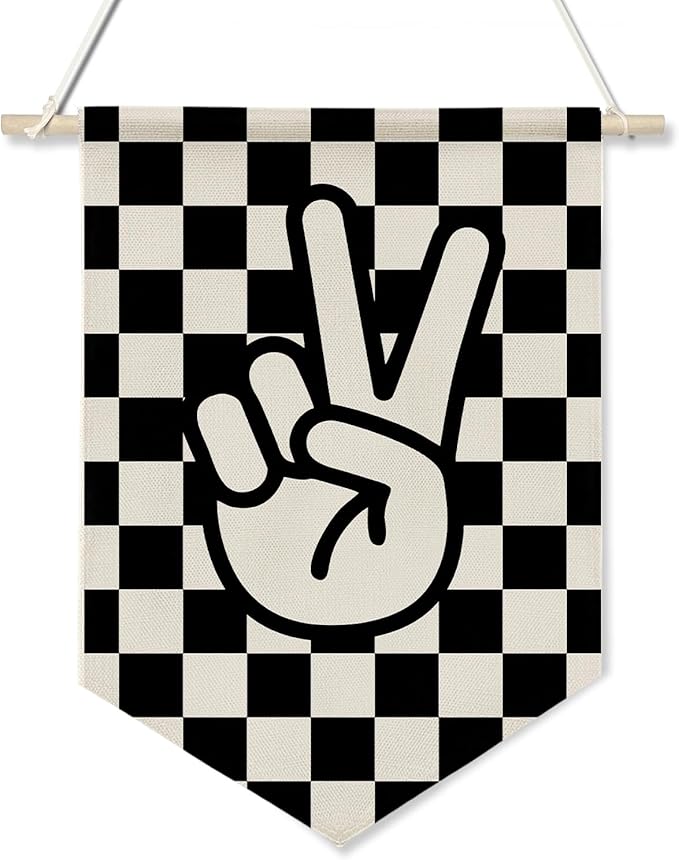 Peace Sign Wall Hanging Banner,Black and White Checkered Canvas Flag for Boys Room, Teen Room, Cool Skateboard Vibes Poster Decor, Retro Hand Gesture Hanging Sign 11x16inch(KD28)