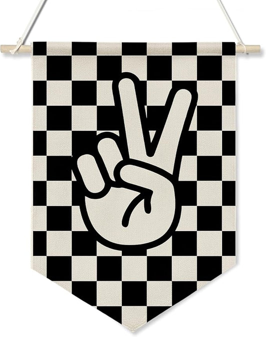 Peace Sign Wall Hanging Banner,Black and White Checkered Canvas Flag for Boys Room, Teen Room, Cool Skateboard Vibes Poster Decor, Retro Hand Gesture Hanging Sign 11x16inch(KD28)