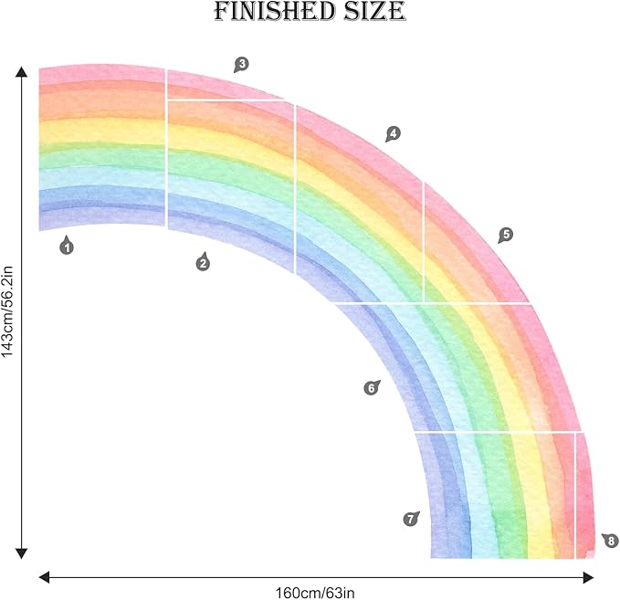55"x63" Large Rainbow Wall Stickers, Mural Watercolor Half Rainbow Wall Decals Peel and Stick Vinyl Wall Art Decor for Girls Bedroom Kids Nursery Living Room Playroom Toddler