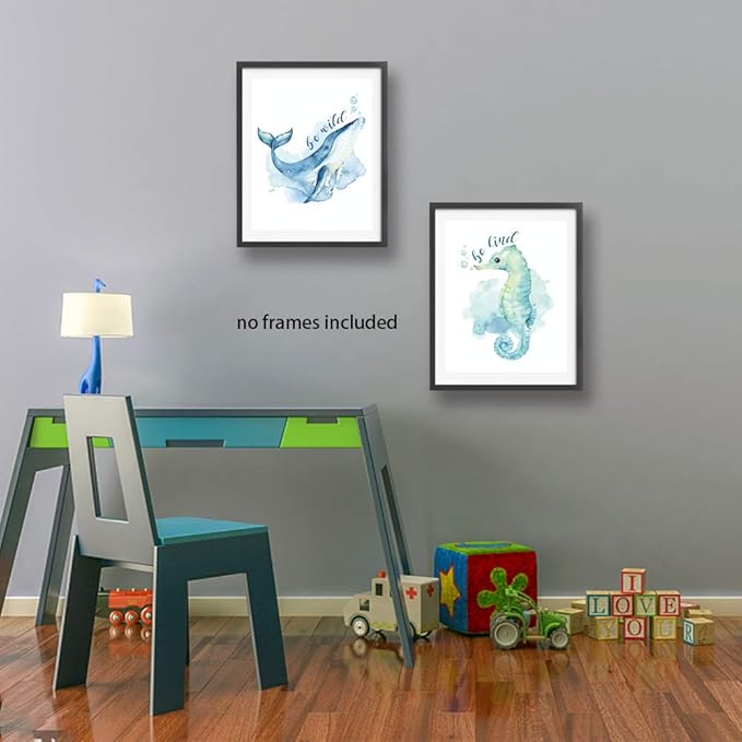 LONLONBANG Funny Watercolor Ocean life Quotes Art Print, Picture Poster for Nursery Kids Girls Bedroom Bathroom Home Decor, Sea turtle sea horse jellyfish whale, Set of 4 8X10 inch, No Frame