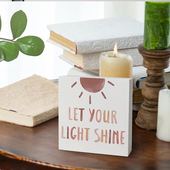 Boho Neutral Baby Girl Boy Nursery Decor - Let Your Light Shine Christian Wood Box Sign Desk Decor, Toddler Girl Room Decor, Christian Desk Decor Bible Verse Decor, 5x5